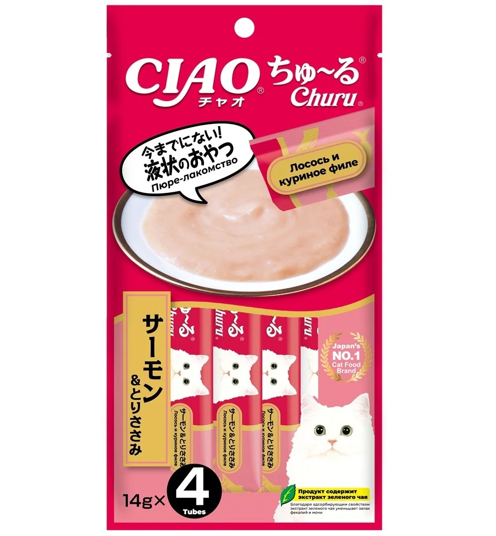 INABA  CIAO Churu Крем-Лакомство пюре для кошек Лосось и куриное филе, 14 г х 4 шт. 4901133947346