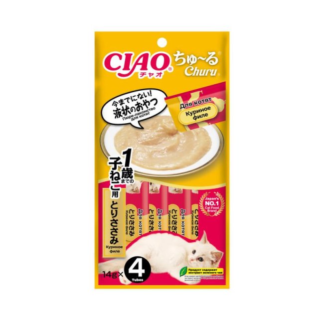 INABA CIAO Churu Крем-Лакомство пюре для котят, Куриное филе, 14 г х 4 шт 4901133947353