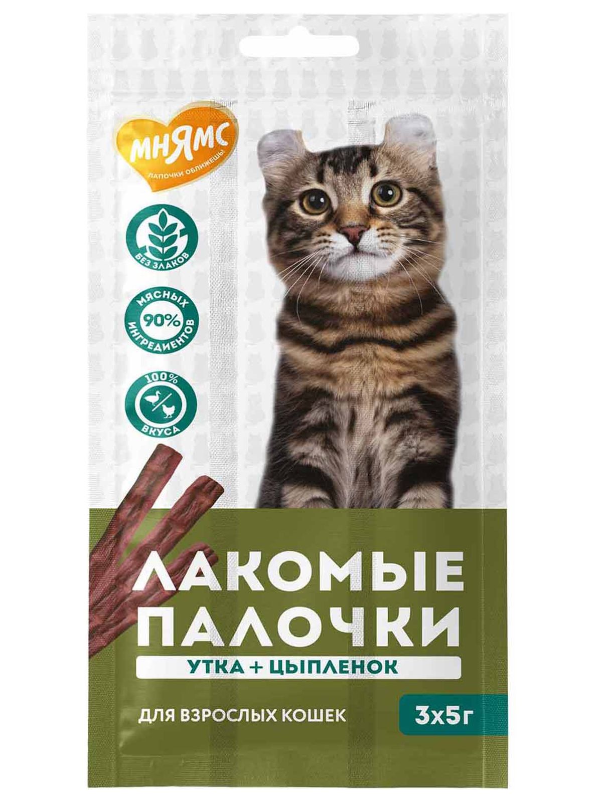 Мнямс Лакомые палочки для кошек с цыпленком и уткой 3х5 г 1 шт 4620756220055