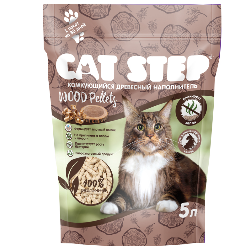 CAT STEP Wood Pellets Наполнитель комкующийся растительный, 5 л