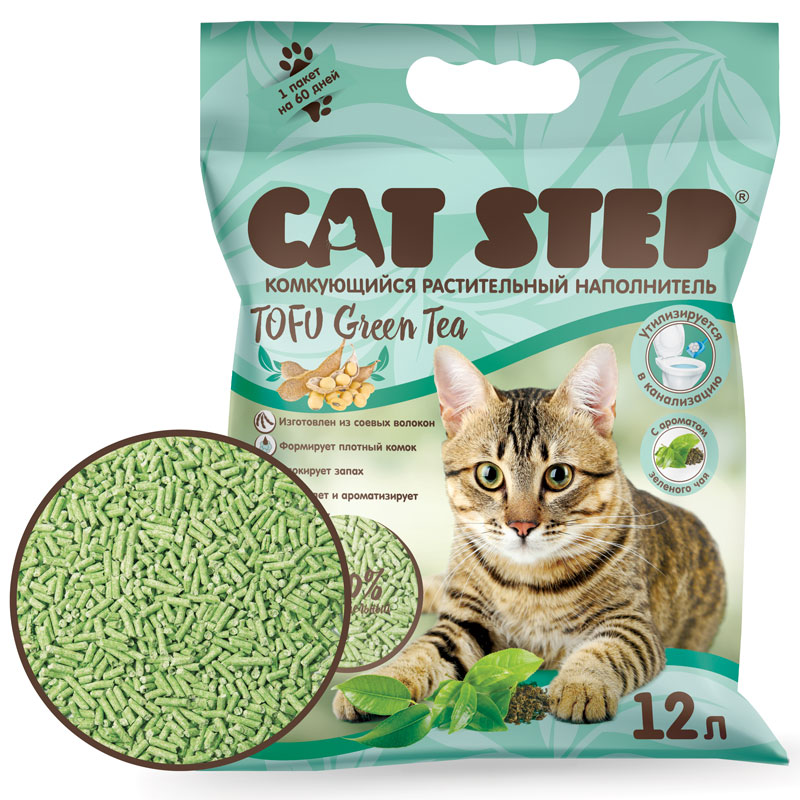 CAT STEP Tofu Green Tea Наполнитель комкующийся   растительный 12л 4680384021561