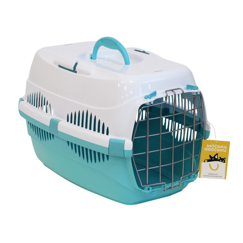 Моськи-Авоськи Переноска пластиковая с металлической дверцей 44х29х27,5 см (до 9 кг), цвет бирюзово-белый