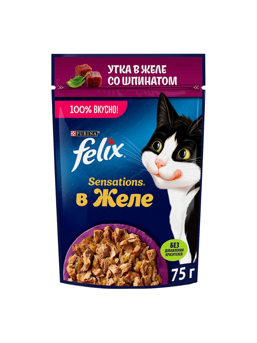 FELIX Влажный корм в желе для кошек, утка со шпинатом, 75гр