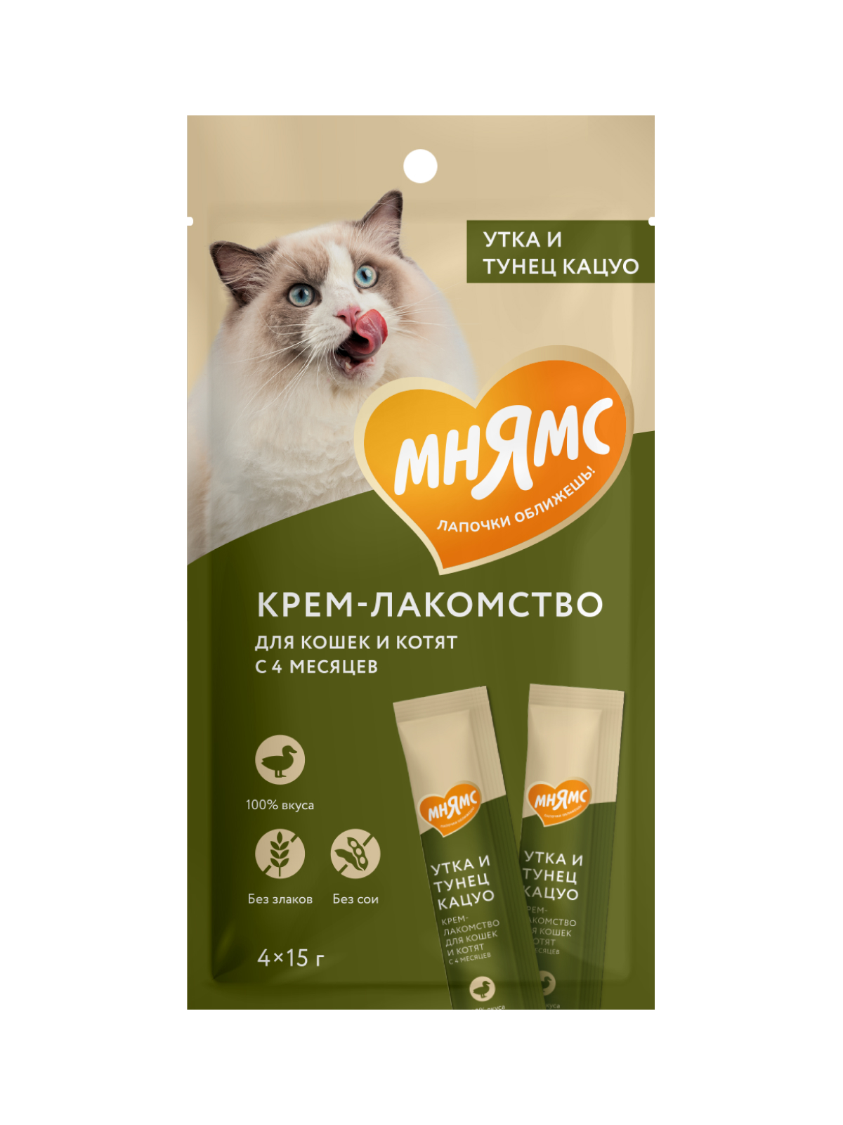 Крем-лакомство Мнямс для кошек с уткой и тунцом Кацуо 15 г х 4 шт.