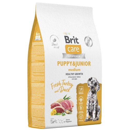 BRIT CARE, Сухой корм с инд и уткой д/щенк.ср.пор."Dog Puppy&Junior M Healthy Growth", 3 кг, 5066292