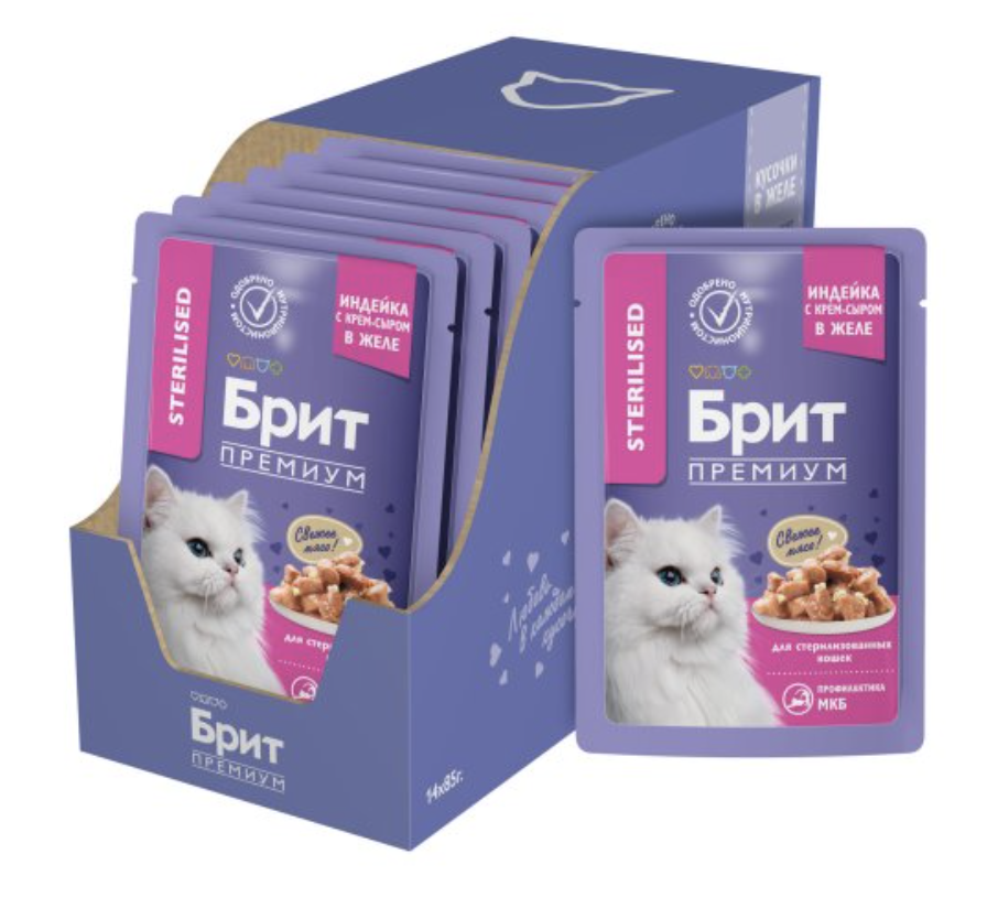 Brit Premium паучи для взрослых стерилизованных кошек с индейкой и сыром кусочки в желе - 85 г х 14 шт