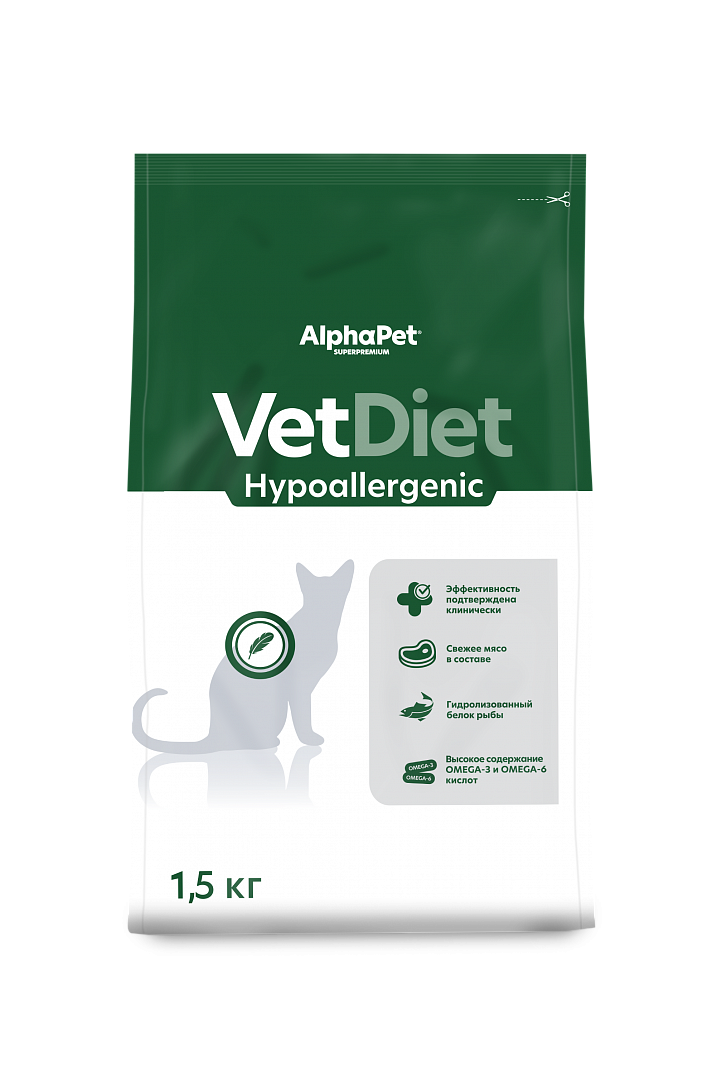 AlphaPet VetDiet Hypoallergenic (АльфаПет Гипоаллердженик) Сухой корм для кошек при пищевой аллергии с белой рыбой 1,5 кг