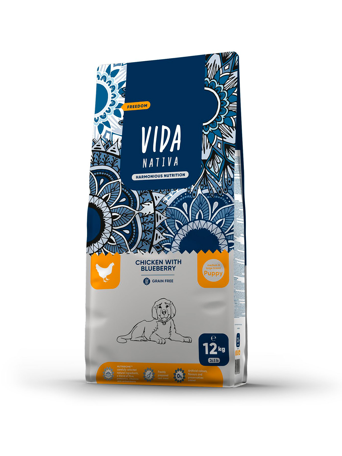 Сухой корм VIDA NATIVA для щенков средних и крупных пород из курицы с черникой 12 кг