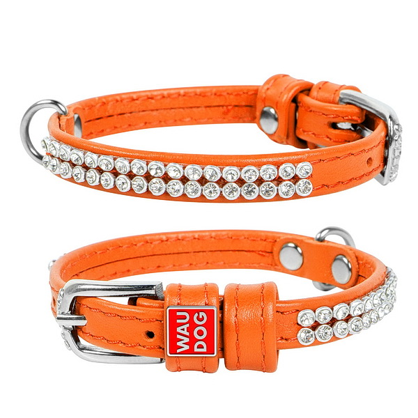 Ошейник для собак WAUDOG Glamour, с QR-паспортом, кожаный, с украшением "Полотно стразы" (XS, 9мм, 18-21см, оранжевый)