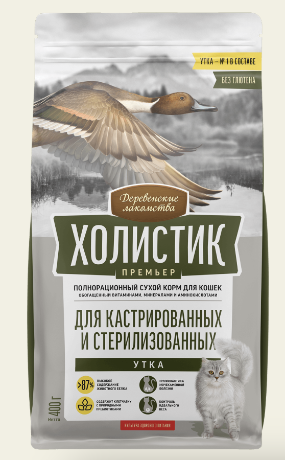 Сухой корм для кошек Деревенские Лакомства, для стерилизованных, утка, 10 кг 6921959215809