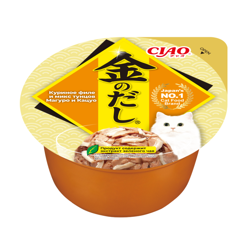 INABA CIAO Kin no dashi cup Влажный корм для кошек,  куриное филе и микс тунцов Магуро и Кацуо,  70г