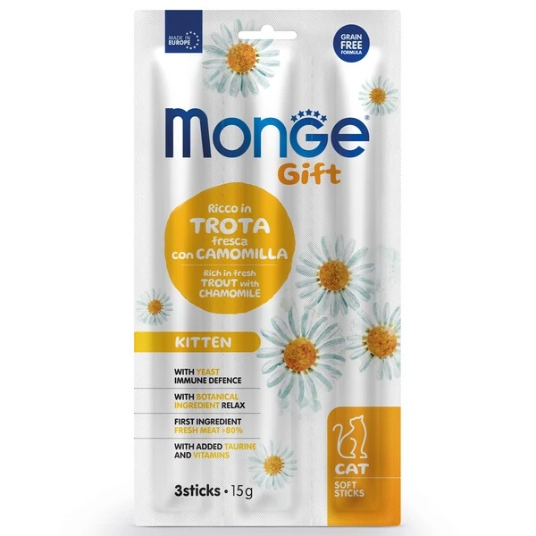 MONGE GIFT KITTEN  для котят "Мягкие палочки" со свежей форелью и ромашкой 15 г