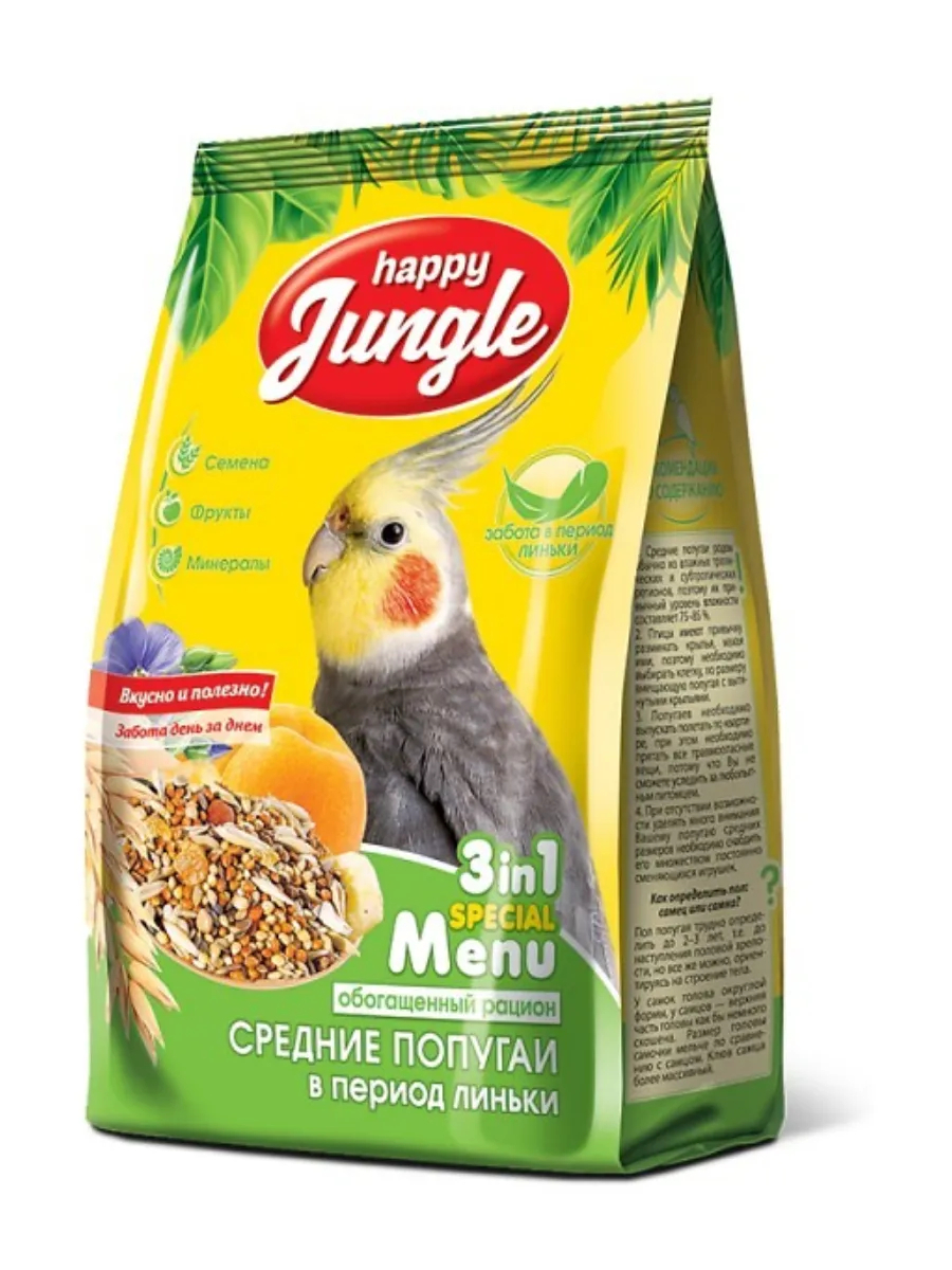 HAPPY JUNGLE Корм для средних попугаев при линьке 500 г