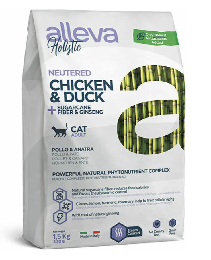 Alleva Корм для кастрированных котов и стерилизованных кошек Аллева Холистик с курицей и уткой, волокнами сахарного тростника и женьшенем 1,5 кг  P00288H 8002754002882