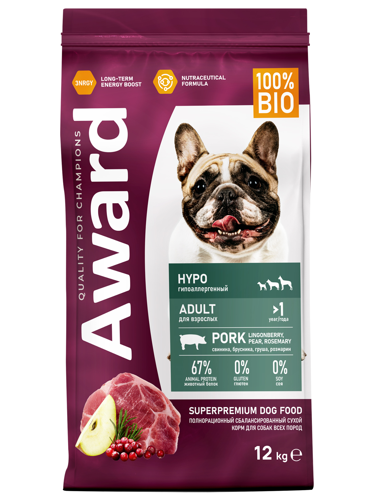 Сухой корм AWARD HYPO для взрослых собак всех пород со свининой с добавлением брусники, груши и розмарина 12кг