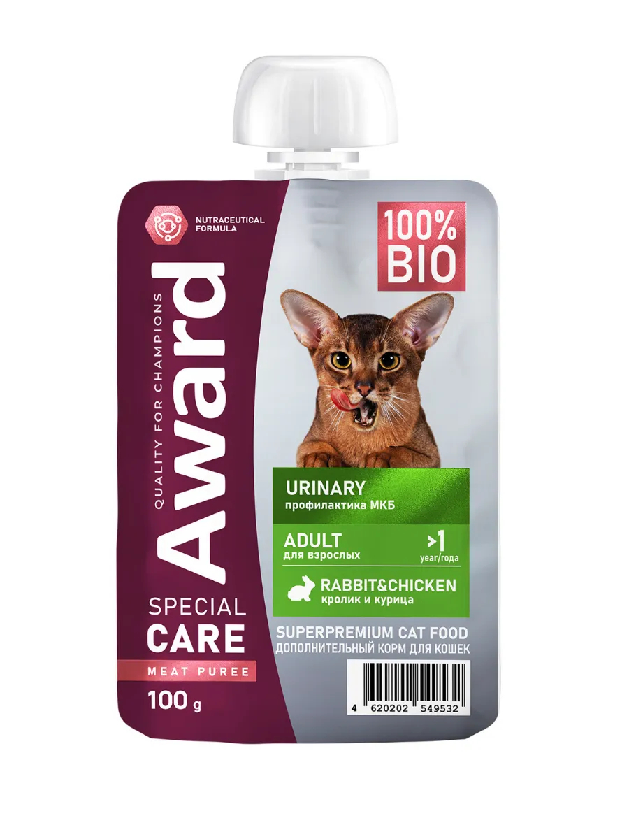Влажный дополнит. корм AWARD SPECIAL CARE Urinary "мясное пюре" для взрослых кошек для профилактики мочекаменной болезни из курицы с кроликом 100г