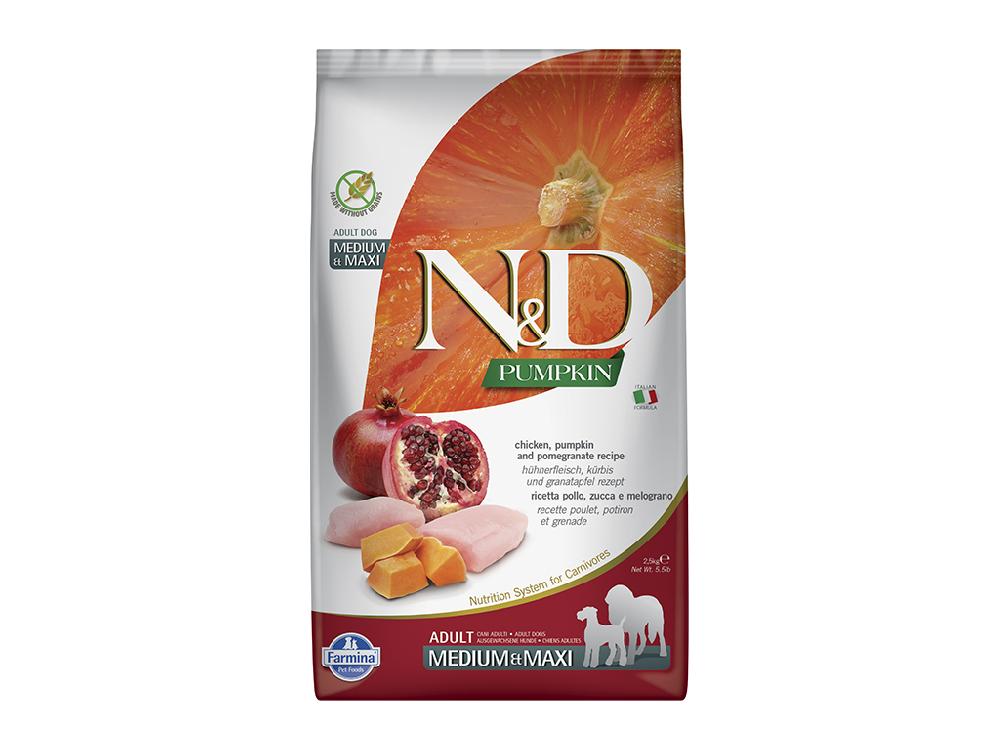 Сухой корм для взрослых собак средних и крупных пород Farmina N&D Pumpkin, беззерновой, курица с тыквой и гранатом, холистик, 2,5 кг