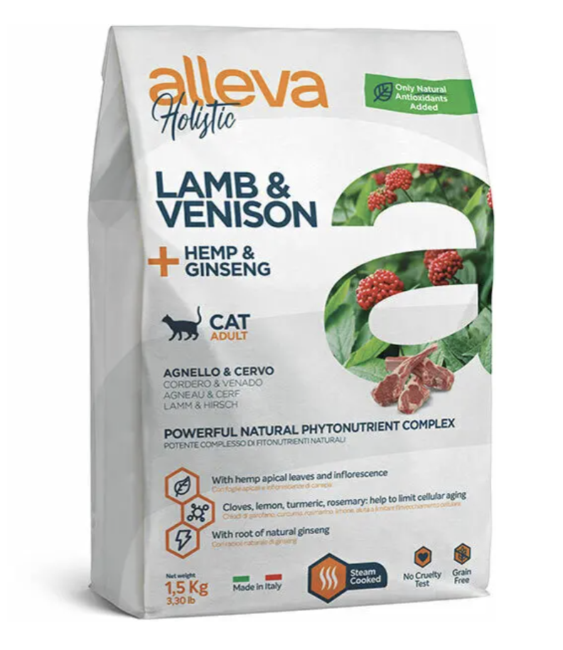 Alleva Корм для взрослых кошек Аллева Холистик с ягненком и олениной, коноплей и женьшенем 0,4 кг 8002754002691