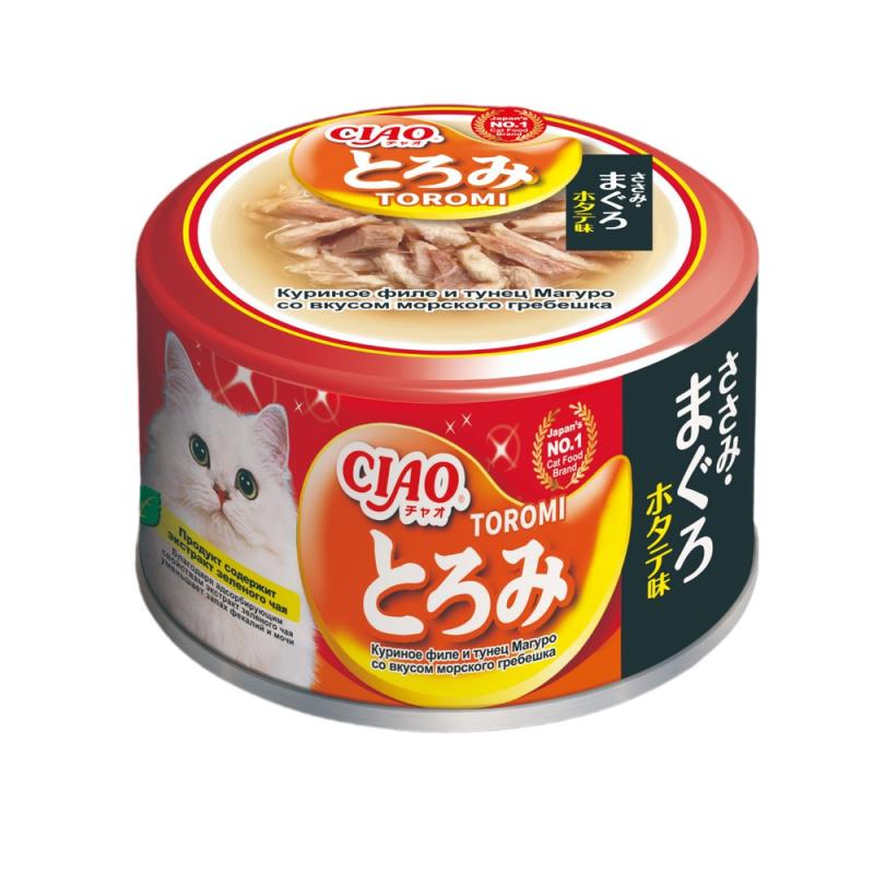 INABA CIAO Toromi Влажный корм для кошек, куриное филе и тунец Магуро со вкусом морского гребешка в бульоне,  80 г