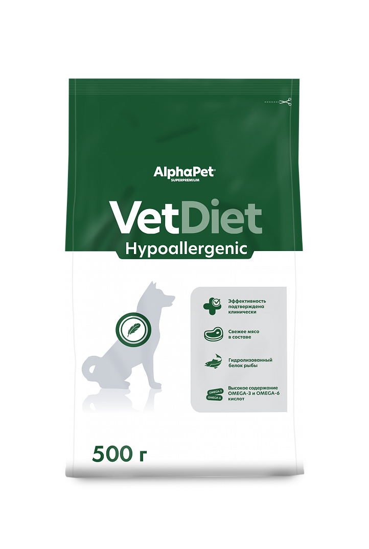 AlphaPet VetDiet Hypoallergenic Сухой корм для собак всех пород при пищeвой аллeргии 500 г