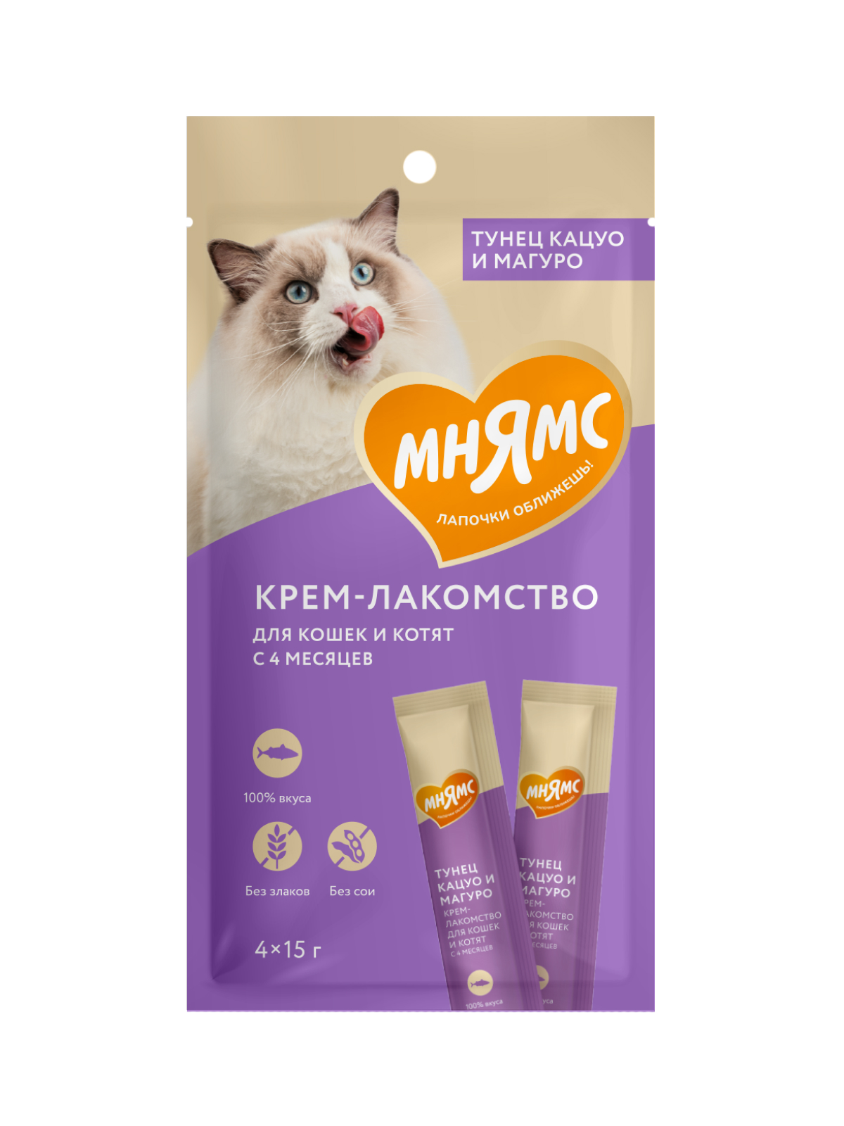 Мнямс Крем-Лакомство  для кошек с тунцом Кацуо и Магуро 15 г х 4 шт.