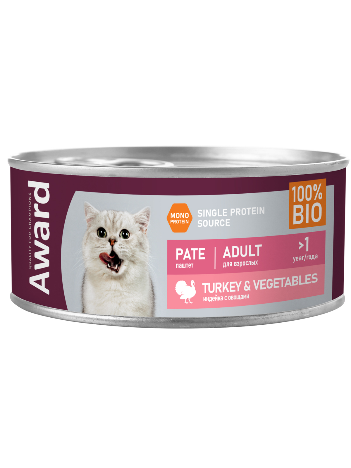 AWARD Влажный корм для взрослых кошек паштет из индейки, с овощами, 100г