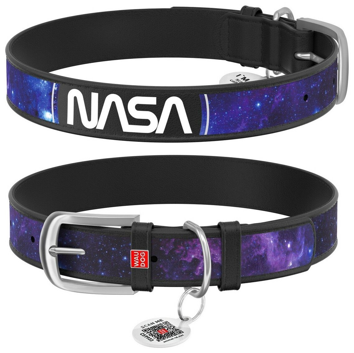 Ошейник для собак WAUDOG Design "NASA21", с QR-паспортом, кожаный (черный, S)