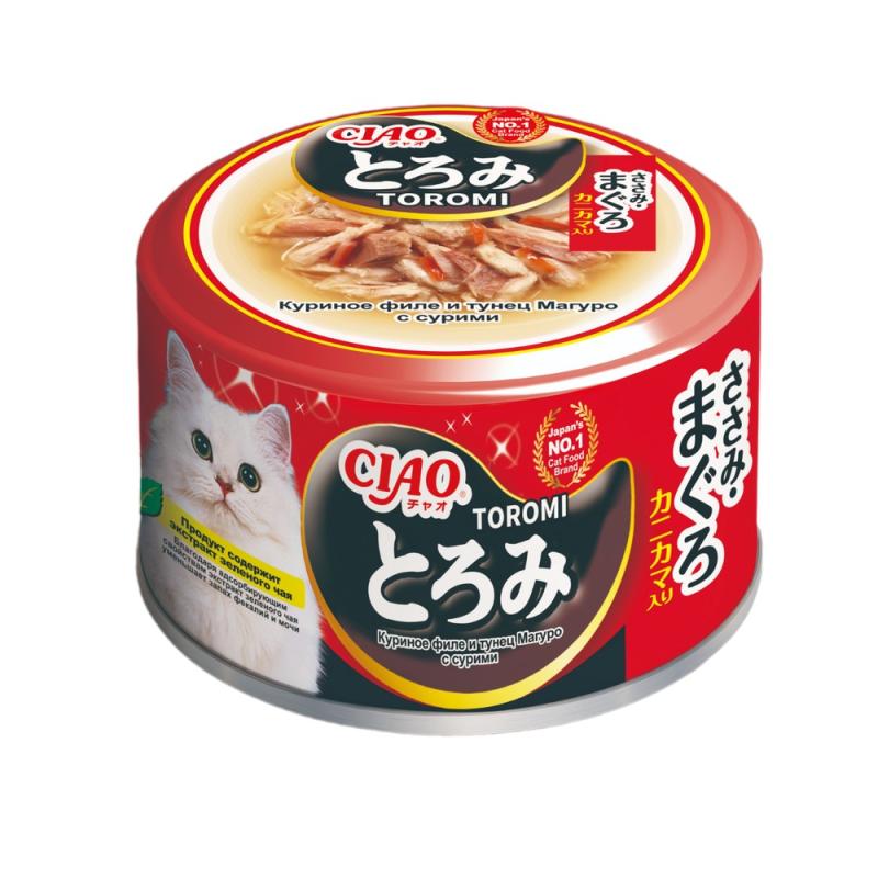 INABA CIAO Toromi Влажный корм для кошек, куриное филе и тунец Магуро с сурими в бульоне, 80 г
