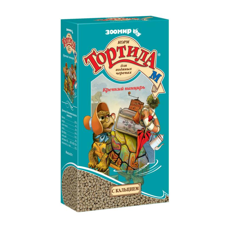 Тортила М Крепкий панцирь, корм для водяных черепах с кальцием, 90 г