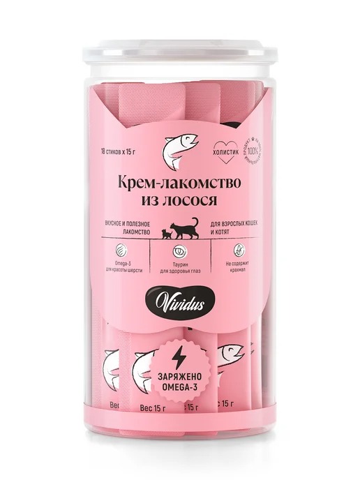 Vividus Крем-Лакомство для кошек и котят, лосоcь, стики (18 шт/упак) 4607051434066