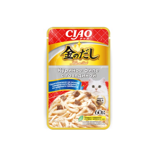 INABA CIAO Kin no dashi Влажный корм для кошек, куриное филе с говядиной,  60 г