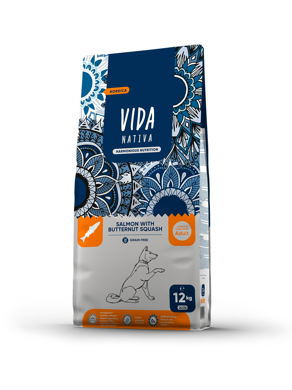Сухой корм VIDA NATIVA для взрослых собак средних и крупных пород из лосося с мускатной тыквой 12 кг