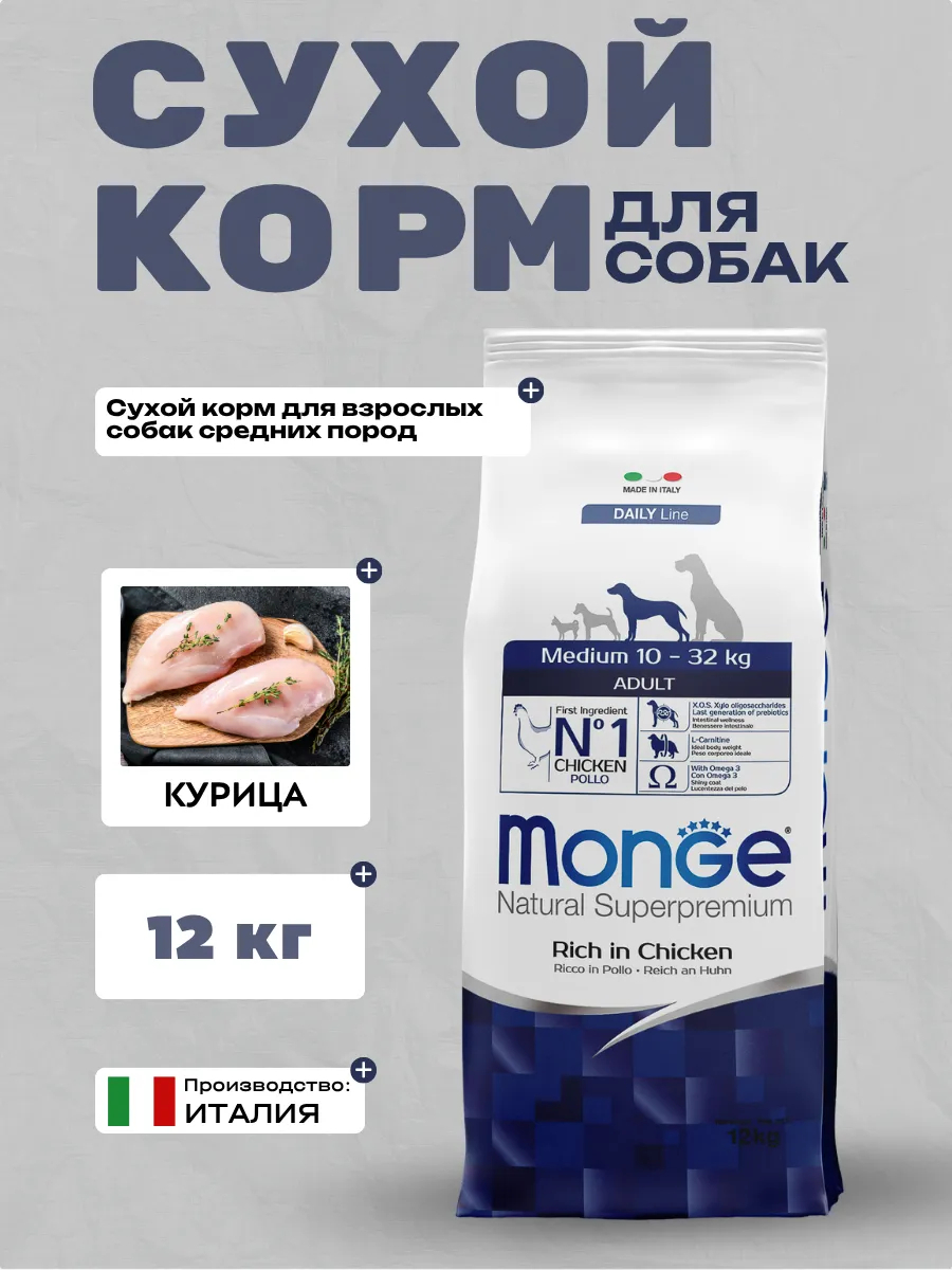 Сухой корм Monge Dog Daily Line Medium для взрослых собак средних пород, из курицы 12 кг