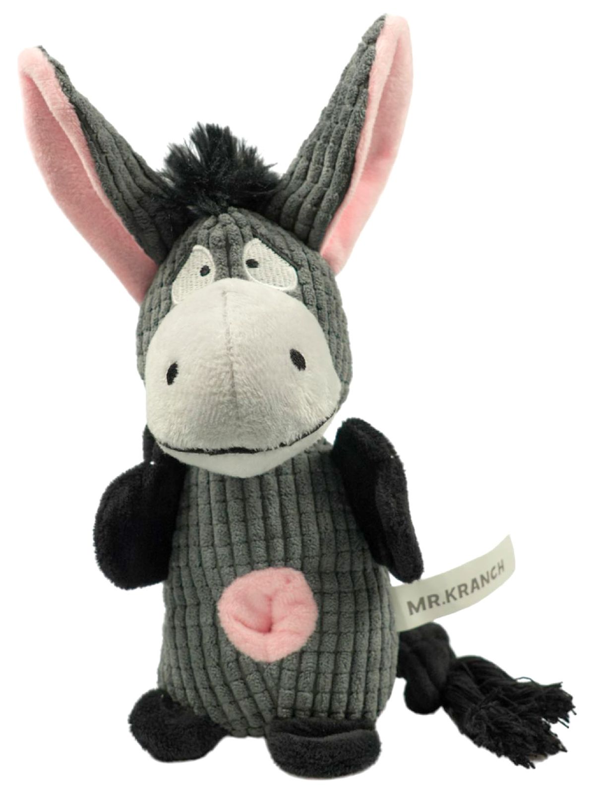 Игрушка Mr.Kranch для собак Ослик плюшевая с канатиками, пищалкой и карманом под лакомство 21 см серая