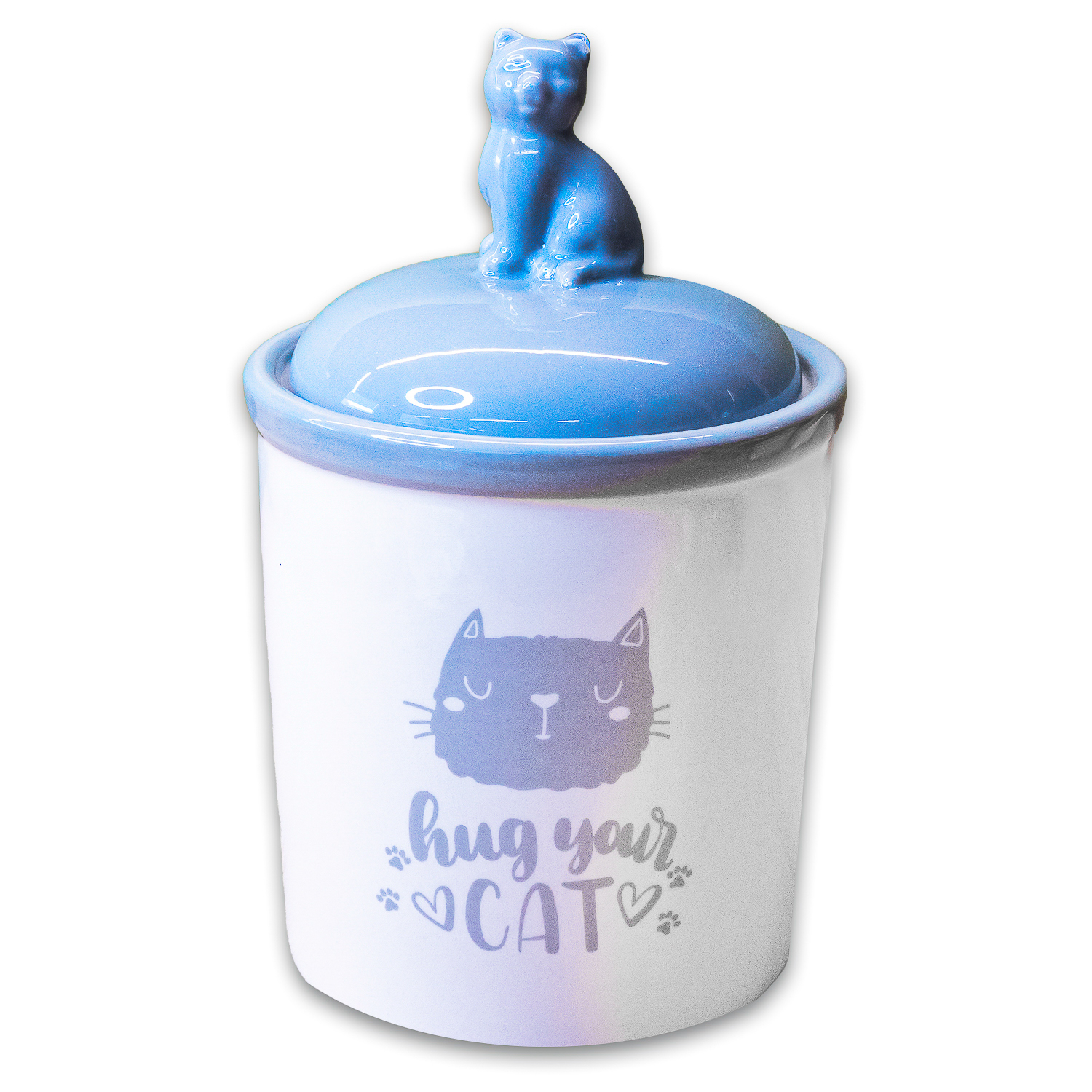Бокс керамический для хранения корма "КерамикАрт Hug your cat", 1650 мл (бело-серая)