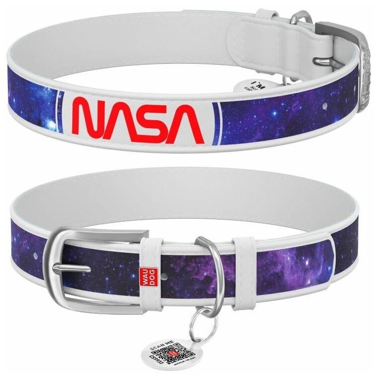 Ошейник для собак WAUDOG Design "NASA21", с QR-паспортом, кожаный (белый, XS)