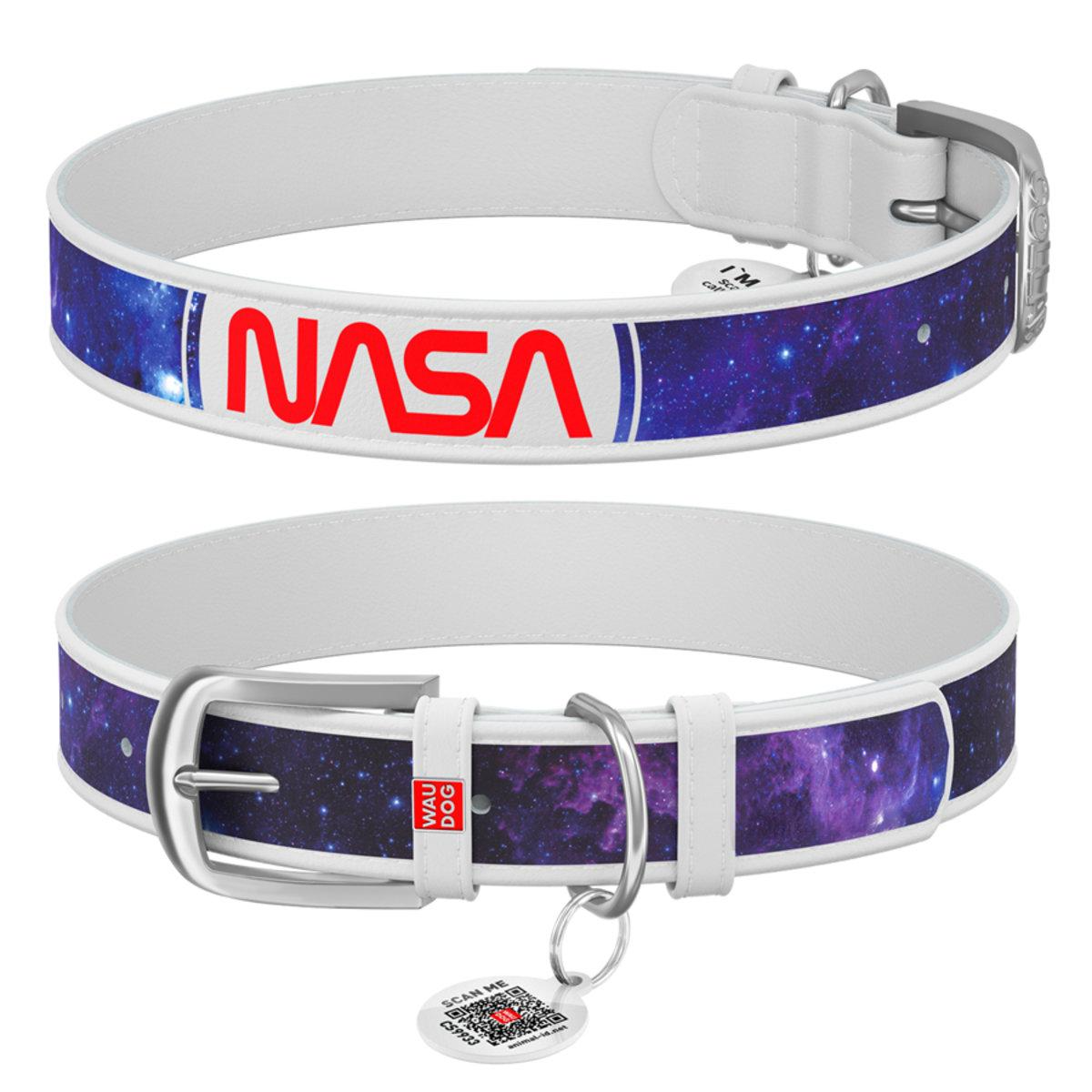 Ошейник для собак WAUDOG Design "NASA21", с QR-паспортом, кожаный (белый, L)