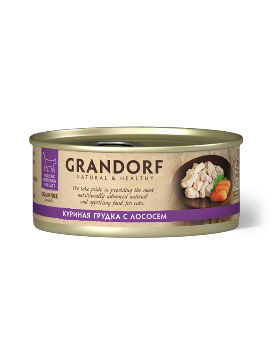Grandorf Влажный корм для кошек всех возрастов, куриная грудка с лососем,  70гр - 1шт 5404009512567