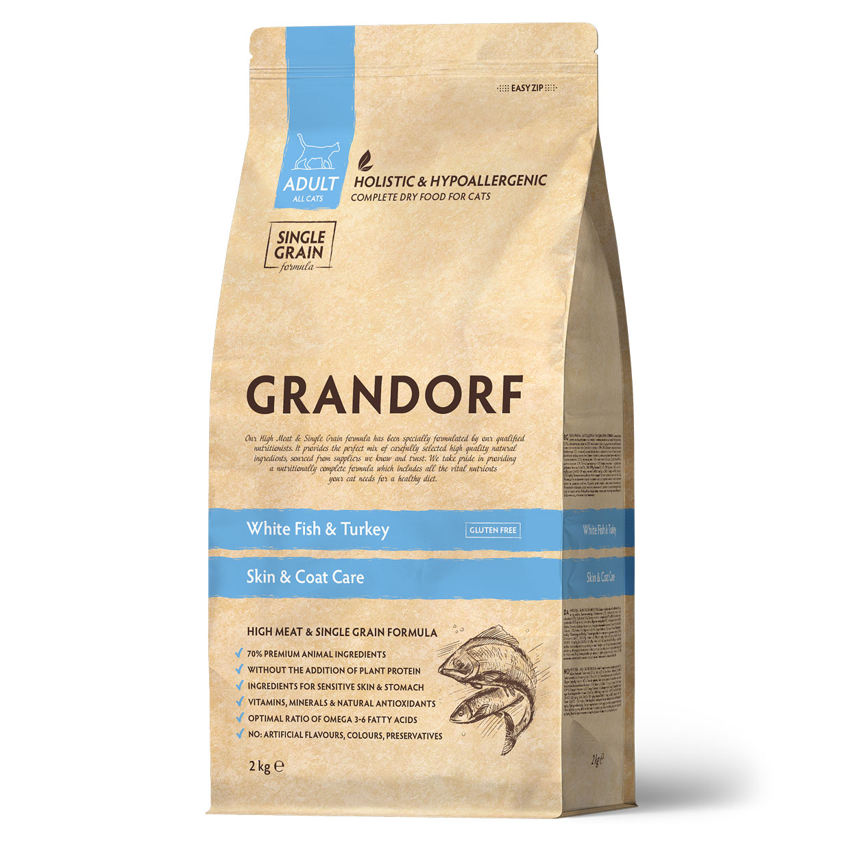Grandorf Сухой корм SKIN&CARE для кошек с белой рыбой 2 кг 5407007851263