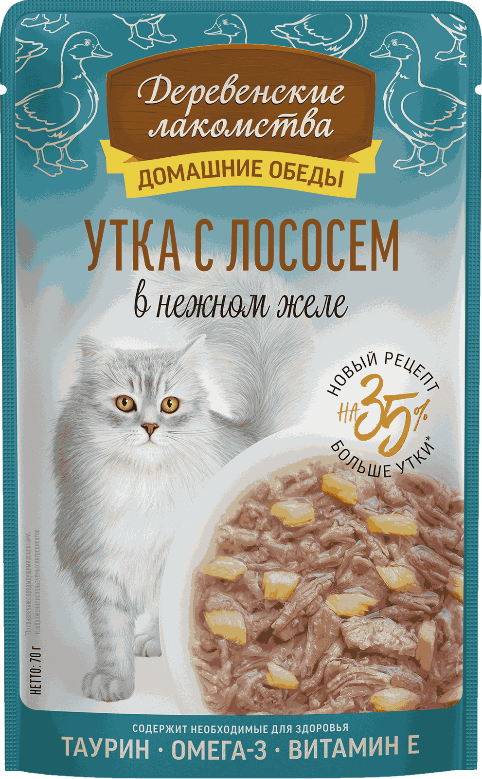 Деревенские лакомства Влажный корм для кошек утка с лососем в желе 70гр