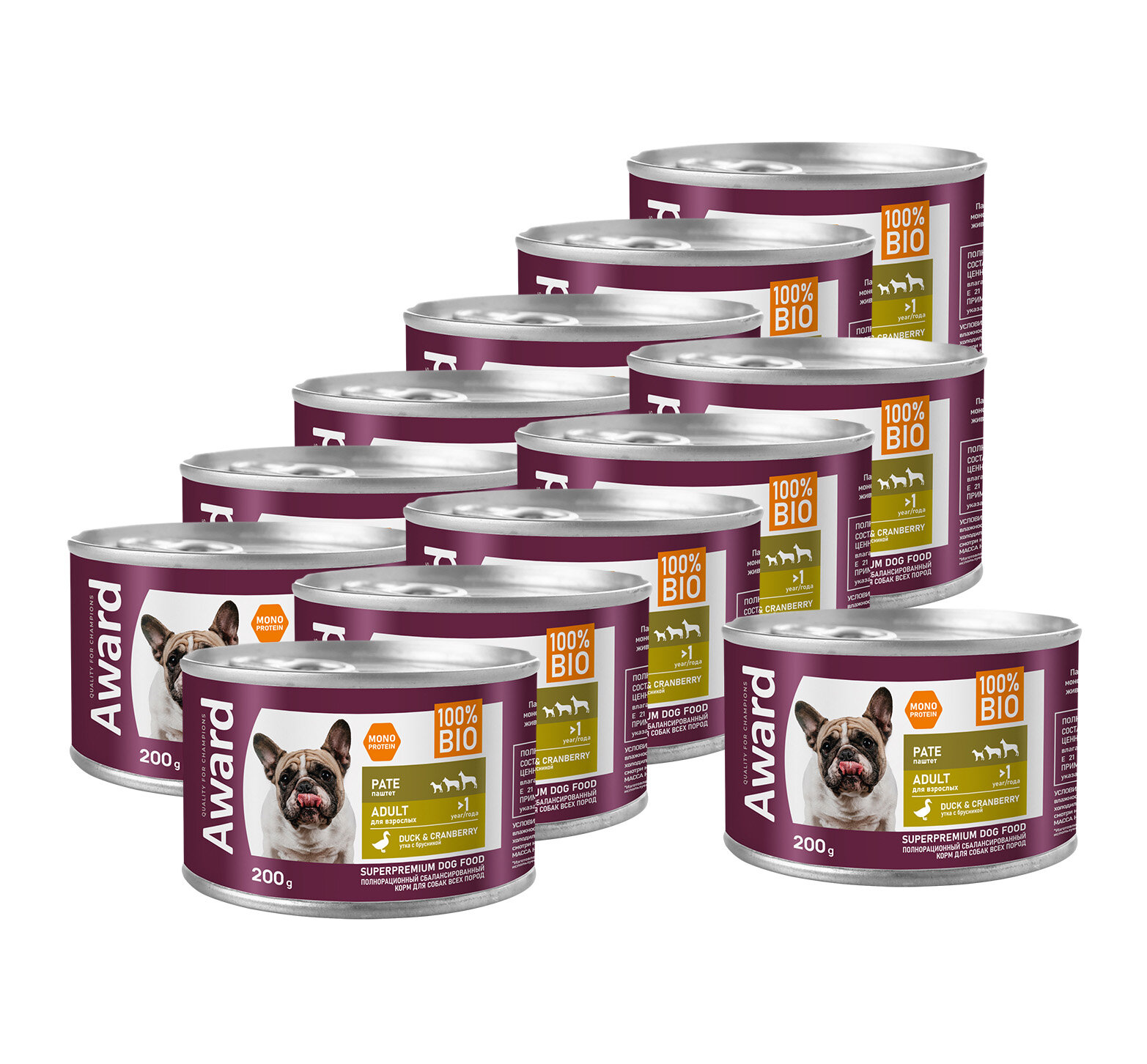 AWARD Влажный корм для собак паштет из утки с брусникой 12шт-200г 4620202540539