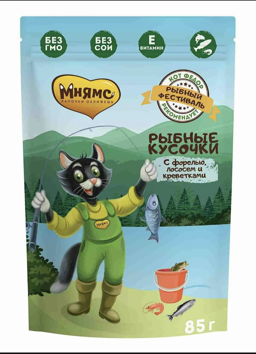 Ферма кота Фёдора Мнямс Влажный корм для кошек с лососем и креветками 24шт-85г