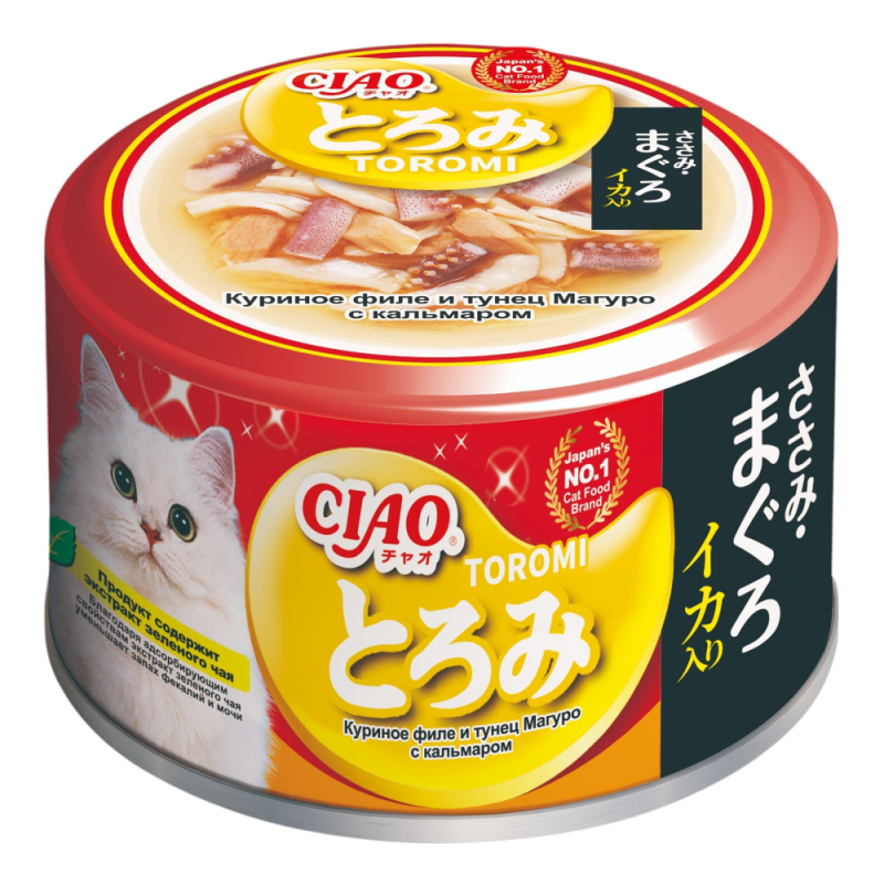 INABA CIAO Toromi Влажный корм для кошек,  куриное филе и тунец Магуро с кальмаром в бульоне, 80 г