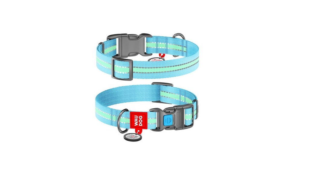 Ошейник для собак WAUDOG Nylon "Светящийся", с QR-паспортом, нейлоновый, металлический замок (L, голубой, ширина 25мм, длина 31-49см)