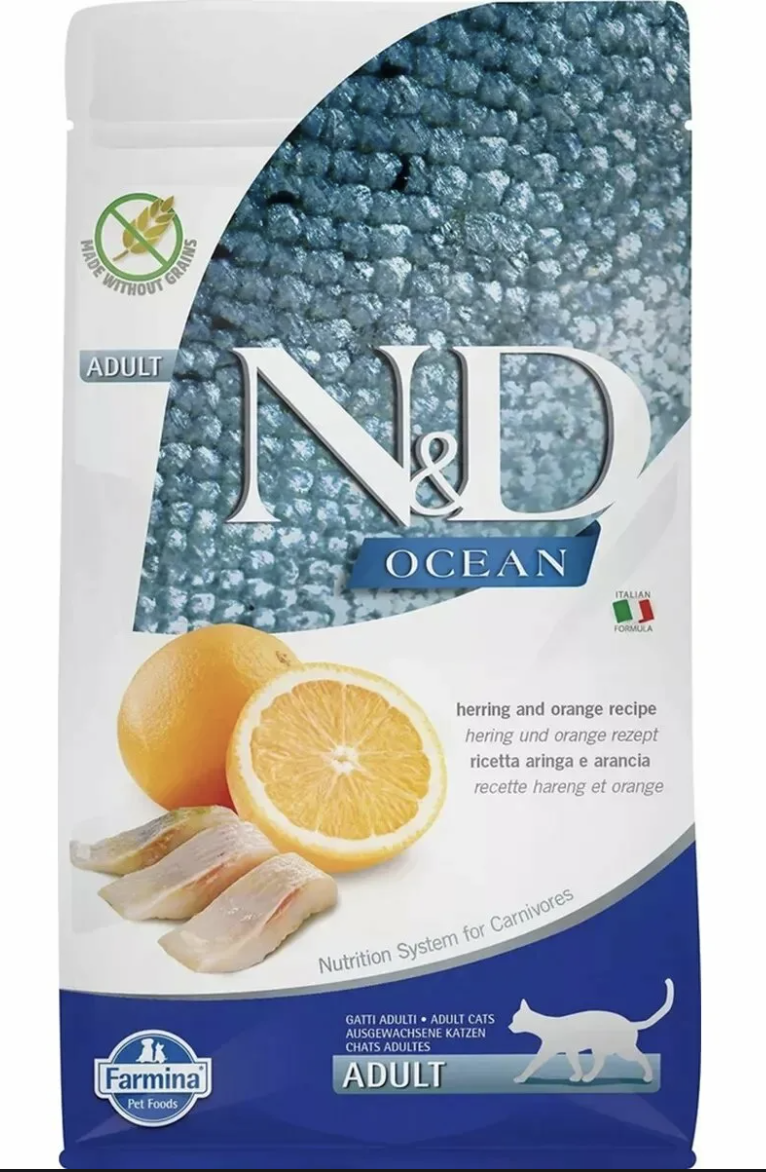 Сухой корм для взрослых кошек Farmina N&D Ocean, беззерновой, сельдь с апельсином, холистик, 5 кг