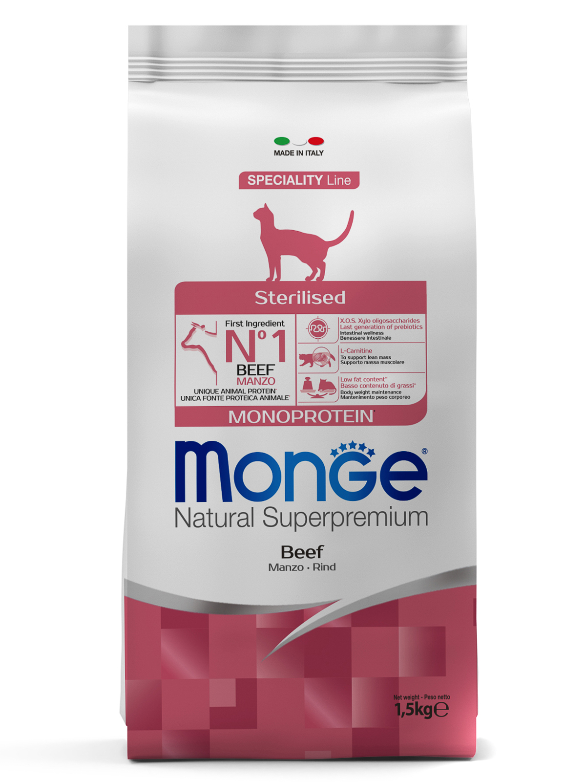 Сухой корм Monge Cat Speciality Line Monoprotein Sterilised для стерилизованных кошек, из говядины 1,5 кг