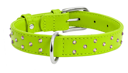 Ошейник для собак WAUDOG Glamour, с QR-паспортом, кожаный, с клеевыми стразами (XS, 12мм, 21-29см, салатовый)