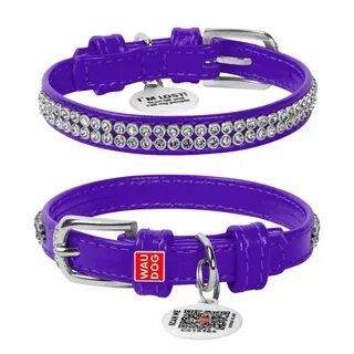 Ошейник для собак WAUDOG Glamour, с QR-паспортом, кожаный, с клеевыми стразами (XS, 15мм, 27-36см, фиолетовый)