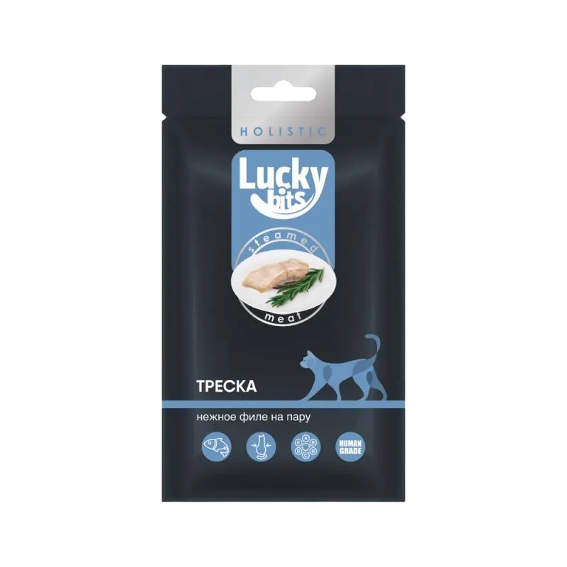 Lucky bits Лакомство для кошек нежное филе треска, приготовленное на пару, 25 гр  4607809015448