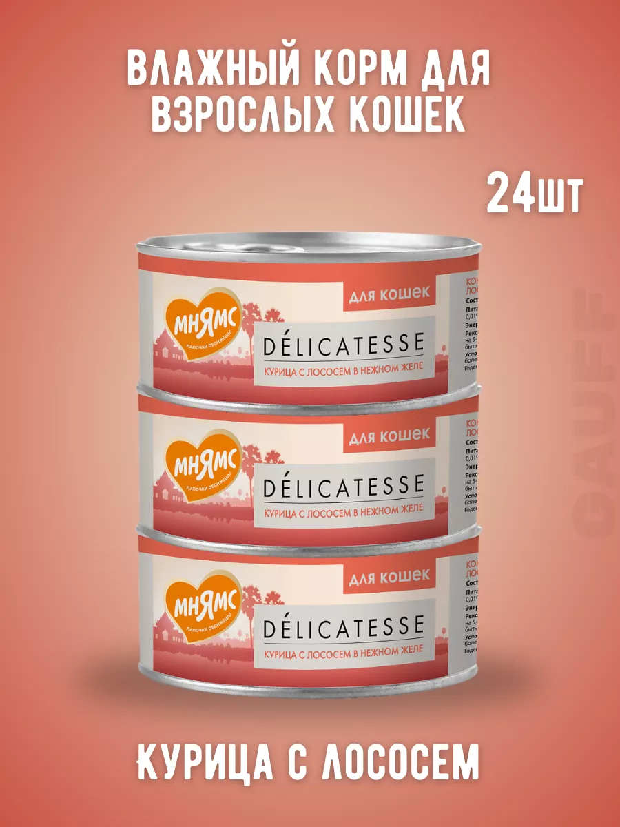 Мнямс Влажный корм для взрослых кошек Курица с лососем 70г-24шт